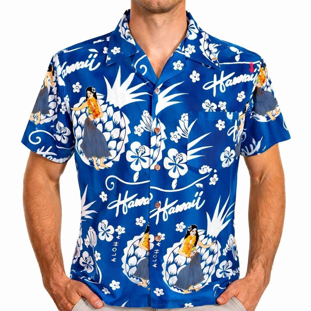 Maui Trading Company Hawaiian Aloha Shirt Large Hula Hibiscus Flowers Blue White